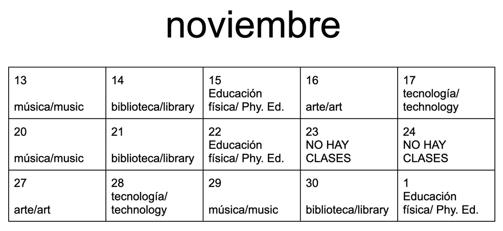 schedule for month of November
